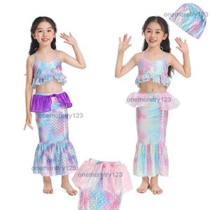 Traje de baño de sirena de dos piezas para niñas Conjunto de bikini con tirantes de diseñador con volantes de moda 2-10T Traje de baño de princesa para niños 3 colores