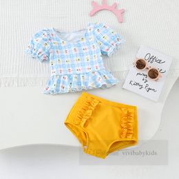 Filles maillots de bain deux pièces enfants floral plaid manches bouffantes hauts à volants maillot de bain 2pcs ensembles bikini été plage piscine maillots de bain enfants SPA natation Z7199