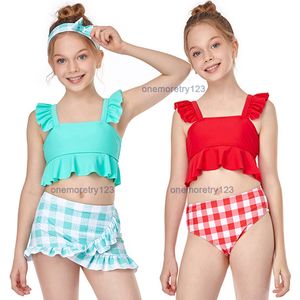 Chica de moda Traje de baño a cuadros de dos piezas Conjunto de bikini de diseñador con volantes 2-12T Traje de baño cómodo de verano para niños 2 estilos 3 colores