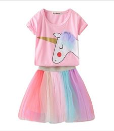 Girls Unicorn Vêtements Ensemble pour tout-petit Girls Coton Tshirts Kids Tulle Rainbow Tutu jupes en bas rose