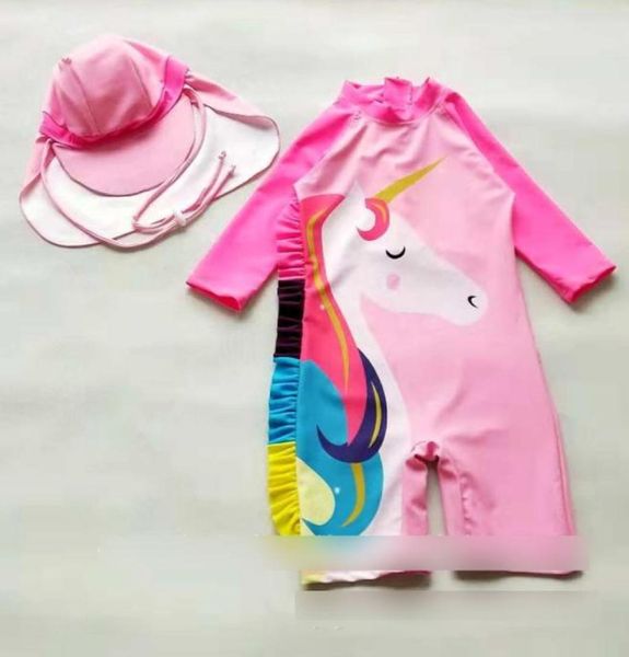 Girls Unicorn Swimsuits 2019 Summer Kids Colorido Ruffle Horse Long Manga Long Swimming Children Spring Surfing Swimwe5844072