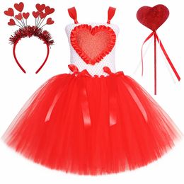 Girls Valentijnsdag Tutu Princess Dress Red Love Heart Kids TuLle Ball Jurk kinderen Kerst verjaardagsfeestje kostuum 240418