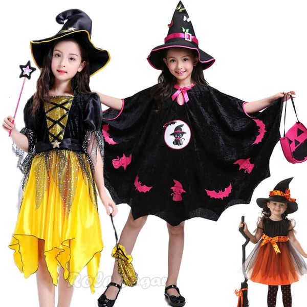 Robe de soirée de sorcière Vampire pour filles, sac de bonbons, cape, chapeau magique, ensembles de vêtements, Cosplay, carnaval pour enfants, Costume d'halloween citrouille
