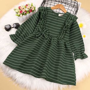 Meisjes vintage groene prinses jurken lente herfst kinderen leuke boog gestreepte jurk 3-7 jaar vestidos kinderen casual kleding G1026