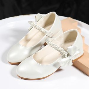 Filles Blancs High Heels Style Princess Spring and Automn En cuir chaussures grandes chaussures d'enfants Chaussures noires avec chaussures de tenue de soirée perle