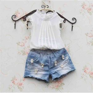 Meisjes wit shirt mouwloze chiffontops voor tiener school meisje effen kleur kant blouses cool shirts voor peuter kinderkleding 210331