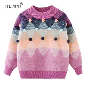 Niñas invierno otoño suéter chica de manga larga ropa para niños Pullover para niños Abrigo de color de contraste 210508