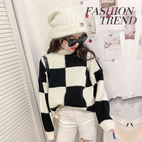 Filles hiver printemps pull tricot pull enfants décontracté hauts amples adolescents enfants mode noir blanc Plaid vêtements 0913