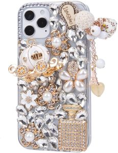 Chicas Mujeres Cajas de teléfono de lujo 3D para iPhone 15 14 12 13 11 Pro Max Xr Sparkle Glitter Diamond Crystal Rhinestone Charm Colgante Cubierta protectora