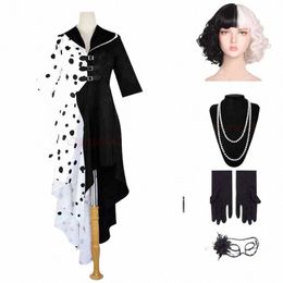 Chicas Mujeres Evil Madame Cruella De Vil Disfraz Cosplay Vestido Negro Blanco Maid Dr Guantes Peluca Halen Party Fancy Dr v1R1 #