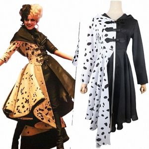 Meisjes Vrouwen Evil Madame Cruella De Vil Kostuum Cosplay Gown Zwart Wit Maid Dr Handschoenen Pruik Halen Party Fancy Dr j9hG #