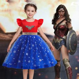 Filles Wonder Woman cosplay robes avec châle 2 pièces enfants falbala manches volantes épissage étoiles dentelle tulle robes enfants performance vêtements de fête Z4303