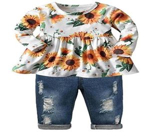 Girls039 kleding babymeisje set bloemen ruches blouse gescheurde jeans broek pak292I312f2919972