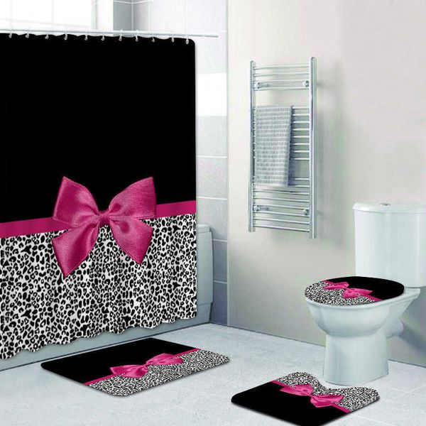Girly Pink Ribbon Leopard Print Cortina de ducha y alfombras de baño Set Modern Cheetah Leopard Cortinas de baño para baño Decoración para el hogar 210609