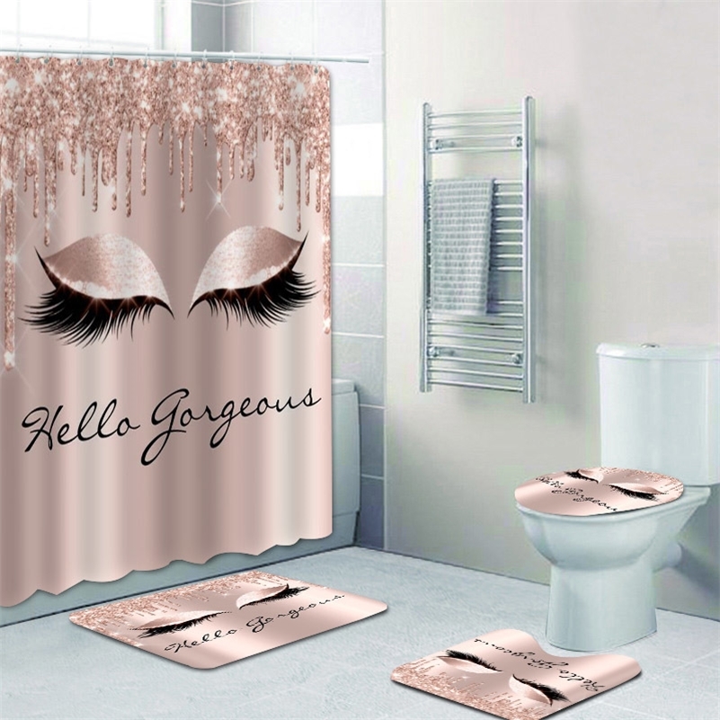 Girly Rose Gold Wimpern Make-up Duschvorhang Bad Vorhang Set Spark Rose Drip Badezimmer Vorhang Wimpern Schönheit Salon Home Decor LJ201128