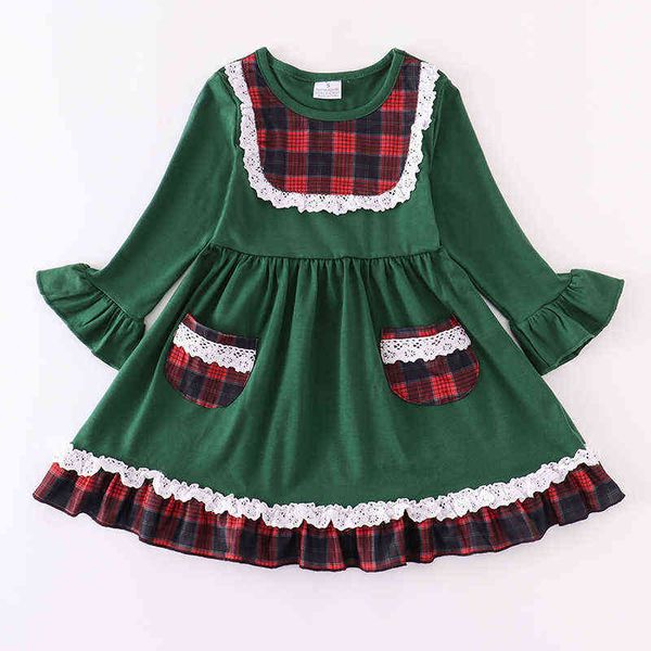 Girlymax noël bébé filles enfants vêtements lait soie coton Plaid vert poche volants robe genou longueur à manches longues G1218