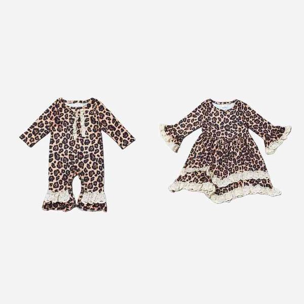 Girlymax Sibling Baby Girls Leopard Lace Ruffles Dress Hasta la rodilla Romper Milk Silk Ropa para niños AA220326