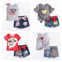 Girlymax Summer Baby Girls Boutique Ropa para niños Softbol Béisbol Top Jeans Shorts Set Outfit Match Accesorios 220509