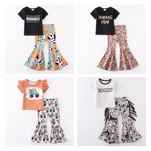 Girlymax Summer Baby Girls Ropa para niños Boutique Bunny Leopard Manga corta Top Bell-Bottoms Flare Pants Set Trajes 220509