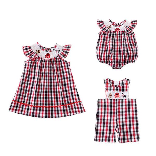 Girlymax Summer Sibling Baby Girls Boys Smocked Dress Romper Boutique Tejido a cuadros Gingham Farm House Hasta la rodilla Volantes AA220316