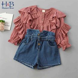 GIRS SETS Lente Herfst Meisjes Mode Ruches Effen Kleur Shirt + Jeans Baby Kids Kinderkleding Kleding 210611