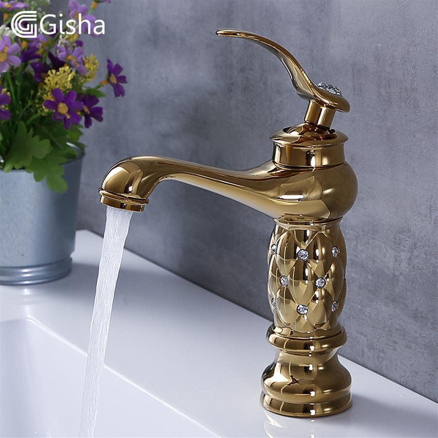 Gisha Bathroom Basin Faucets Classic Brass Diamond Faucet مقبض واحد ونقر بارد Gold Crystal Mixer Faucets T200246W