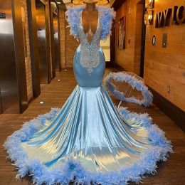 Gitter bleu paillettes sirène robe de bal avec plumes réfléchissantes robes de soirée Sexy col en V Robes