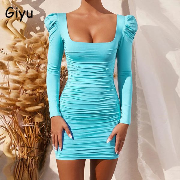Giyu vestido de otoño mujeres sexy bodycon club fiesta mini vestidos cortos elegantes sin espalda ruchada ruga roble roba vellece vestidos 201204