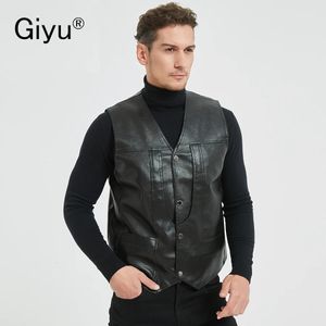 Giyu Mode Voorste Knop Kunstleer Vest Mannen Vintage Mouwloze Mannelijke PU Bovenkleding Chic Vest Tops 240117