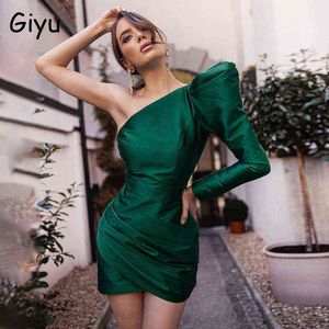 Giyu satijn sexy club feestjurk vrouwen een schouder bodycon robe femme 2021 herfst vintage casual elegante ruches mini vestidos y1204