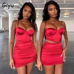 Giyu Sexy Club Party Satin Robe Femmes Été Automne Ruché Moulante Mini Robes Élégant Sans Manches Dos Nu Robes Rouge 210331