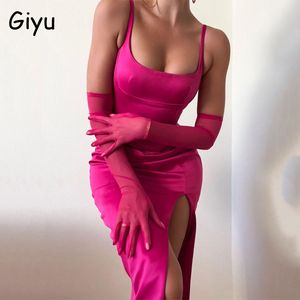 Giyu sexy satijnen jurken vrouwen herfst high split bodycon long vestidos club feest elegant backless off schoudergewaad femme 220521
