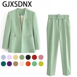 GJXSDNX femmes mode deux pièces ensembles TRAF tenue de bureau blazers manteau et avec ceinture taille haute pantalon Simple couleur unie costume 240110