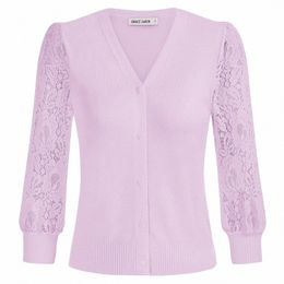 GK Femmes Dentelle Patchwork Cardigan Pull Dames 3/4 Manches Col V Butt-Up Tricots Butt Placket Tops Fi Manteau Top C8iJ #