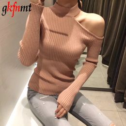 Gkfnmt Sexy pull en tricot à épaules dénudées Femmes élégant solide pull slim slim et pull 2018 Automne hiver pulls Rose T200101