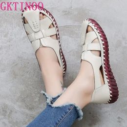 Gktinoo echte lederen vrouwen flats holle vrouw schoenen zomer dames loafers ademende strand vrouwelijke sandalen grote sandalen 35-42 240412