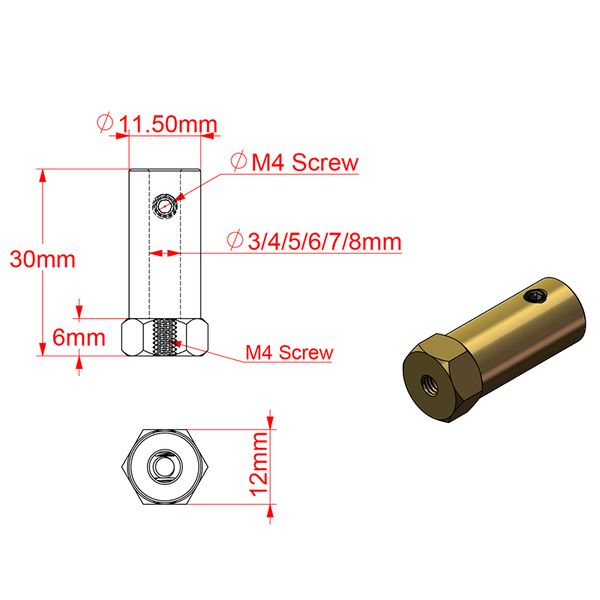 GKTOOLS D12L30 Hex Conector del neumático de latón 3/4/5/6/7/8 mm para el eje del motor desacelerado Robot Smart Car Wheel