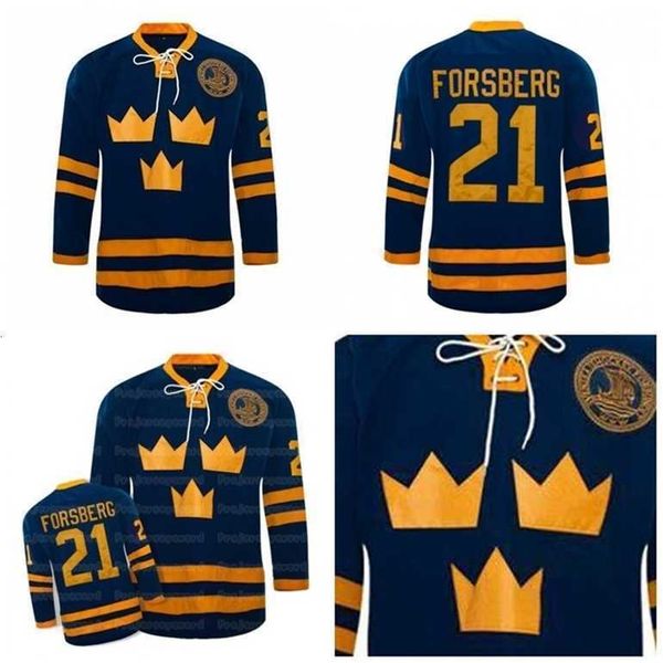 Gla Mit #21 Peter Forsberg Jersey Team SUÈDE Hockey sur glace Maillots brodés 100% Stithed Bleu Personnalisé Votre numéro de nom