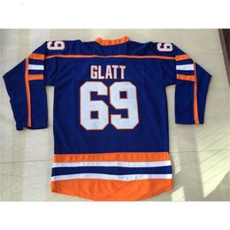 Gla Mit Goon Hockey Jersey 100% gestikt #69 Doug the Thug Glatt Jersey Goon Movie Hockey Halifax Jerseys Blue