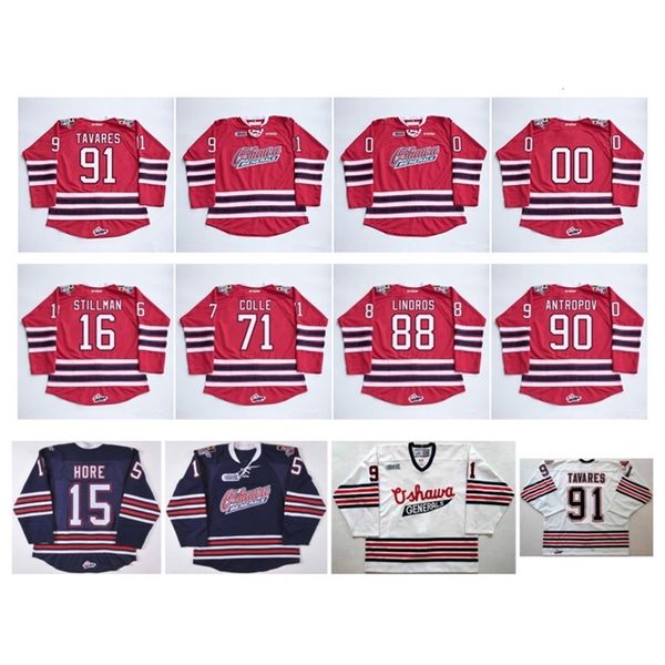 Gla OHL Oshawa Generals Jersey 91 John Tavares 2 Bobby Orr 15 Matt Hore 88 Eric Lindros 4 Michael Del Zotto Rojo Azul Blanco Hockey Jerseys