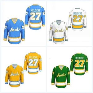 Gla thr Custom Gilles meloche gouden zeehonden hockey jersey heren dames jeugdsteek genaaid alle maten kleuren nummer en naam