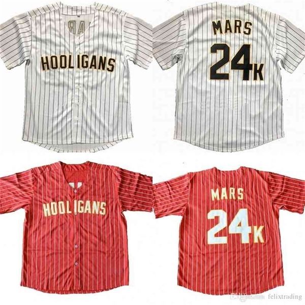 GlaC202 moins cher Bruno Mars 24K Hooligans Baseball Jersey Bruno Mars Baseball Maillots Rouge Blanc Hommes Tous Cousu Baseball Maillots