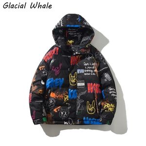 GlacialWhale Down Jacket Hombres Winter Graffiti Jacket Con capucha Abrigo a prueba de viento Streetwear Oversized Hip Hop Black Jacket para hombres 211124