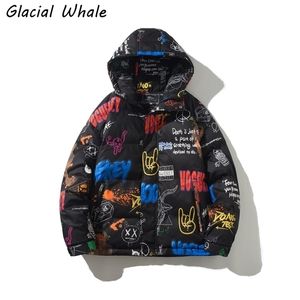 GlacialWhale Down Jacket Men Winter Graffiti Jacket Con capucha Abrigo a prueba de viento Streetwear Oversized Hip Hop Black Jacket para hombres 211216