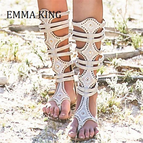 Gladiator Mujeres de verano embellecidas Sexy Open Toe Back Zipper Knee High Crystal Boots Woman Flat Beach Sandals 44 240410 5602