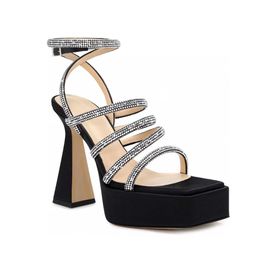 Gladiator platform dikke hoge hakken sandalen Mach met kristallen ingelegde riem spoel Hakken 95MMsky-hoge hak voor satijn Luxe ontwerpers Avondschoenen fabrieksschoeisel
