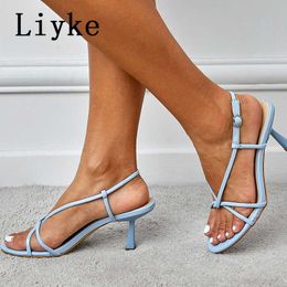 Gladiator Thin 2022 Sandals Low Liyke Nouveaux talons Femme Summer Casual Open Band Narrow Stiletto Blanc Blue Ladies chaussures Pumps T221209 509