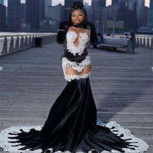 Glam Black Girls Prom Dresses 2024 Nuevos vestidos de noche africanos de terciopelo negro con apliques blancos Precioso vestido de cumpleaños de sirena Ceremonia formal Vestido de fiesta Pageant