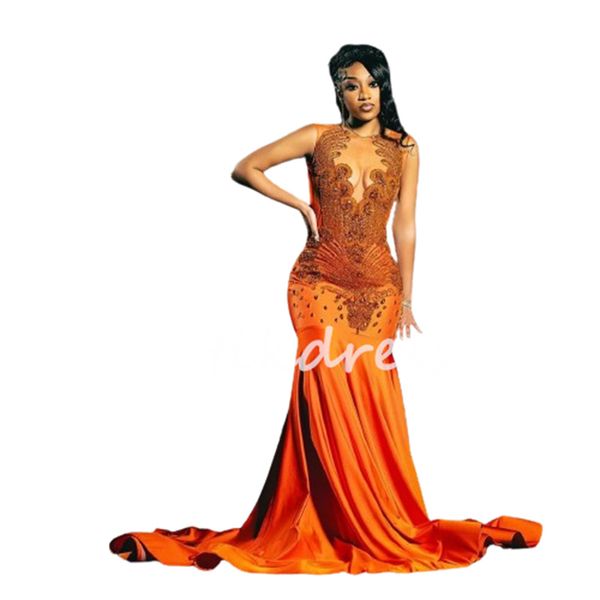 Glam orange strassons sirène robes de bal 2024 pour filles noires diamants perles cristaux velours aso ebi robes de soirée robe de fête d'anniversaire plus taille formelle