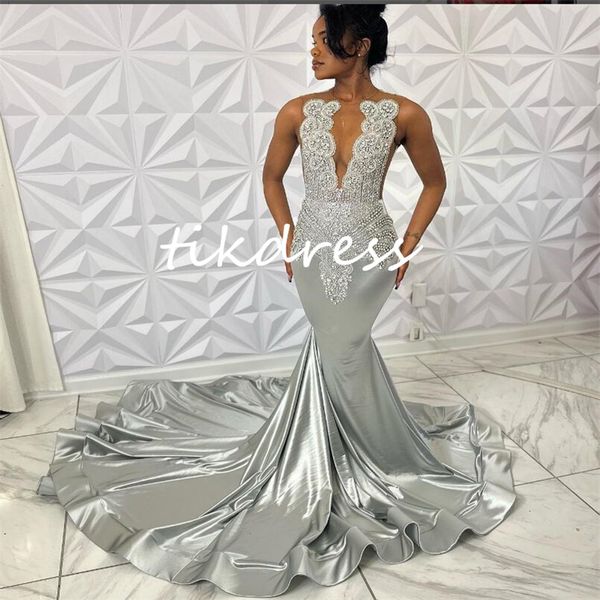 Glam Argent Diamant Robes De Bal Pour Filles Noires Soie Satin Cristal Perlé Sirène Robe De Soirée 2024 Court Train Luxe Robe Formelle Robes De Fiesta Femmes Abiye